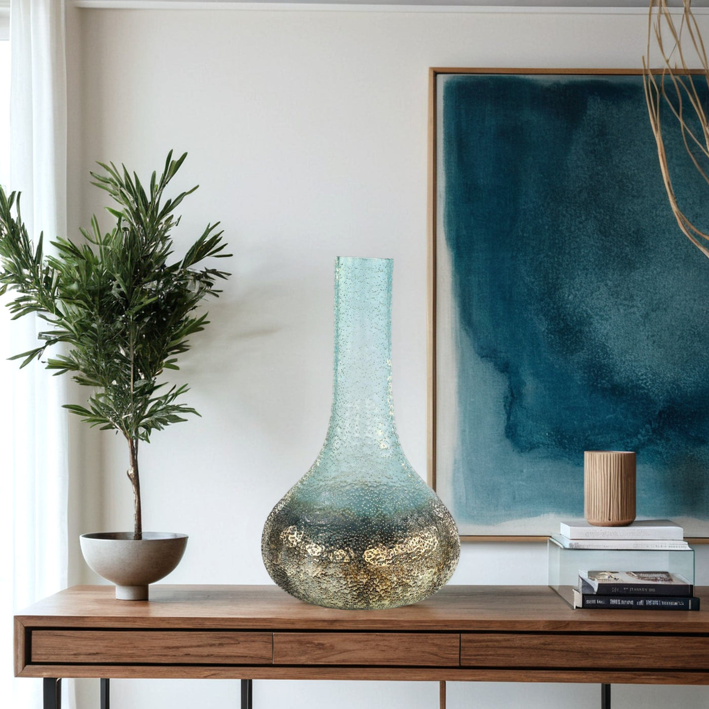 Aqua Gold Textured Glass Vase